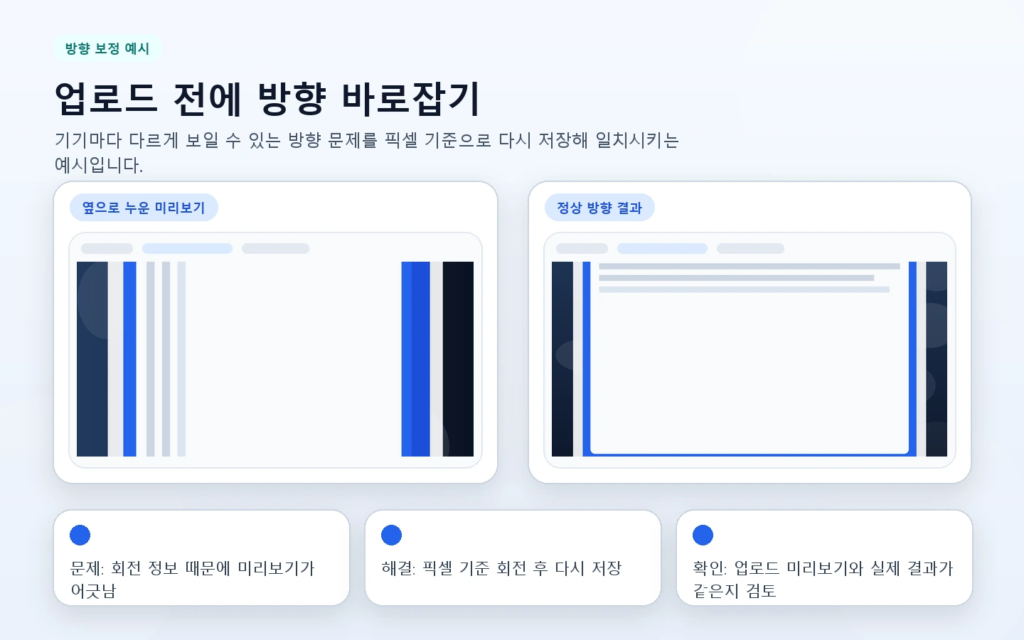 옆으로 누운 미리보기를 정상 방향으로 바로잡는 예시 이미지입니다.