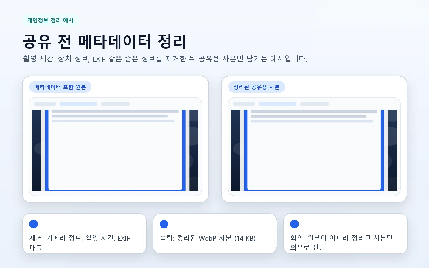 공개 공유 전에 메타데이터를 정리하는 흐름을 설명하는 예시 이미지입니다.